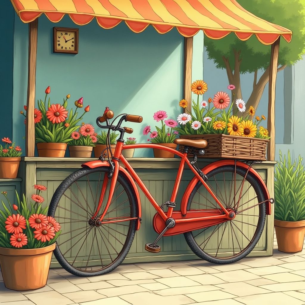 A vintage bicycle leaning on a stall at a flower market, whimsical storybook illustration, imaginative