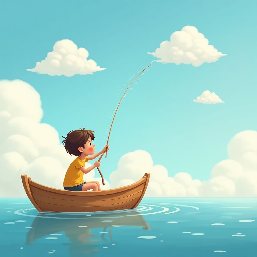 A child fishing for clouds from a rowing boat in the sky, whimsical storybook illustration, imaginative
