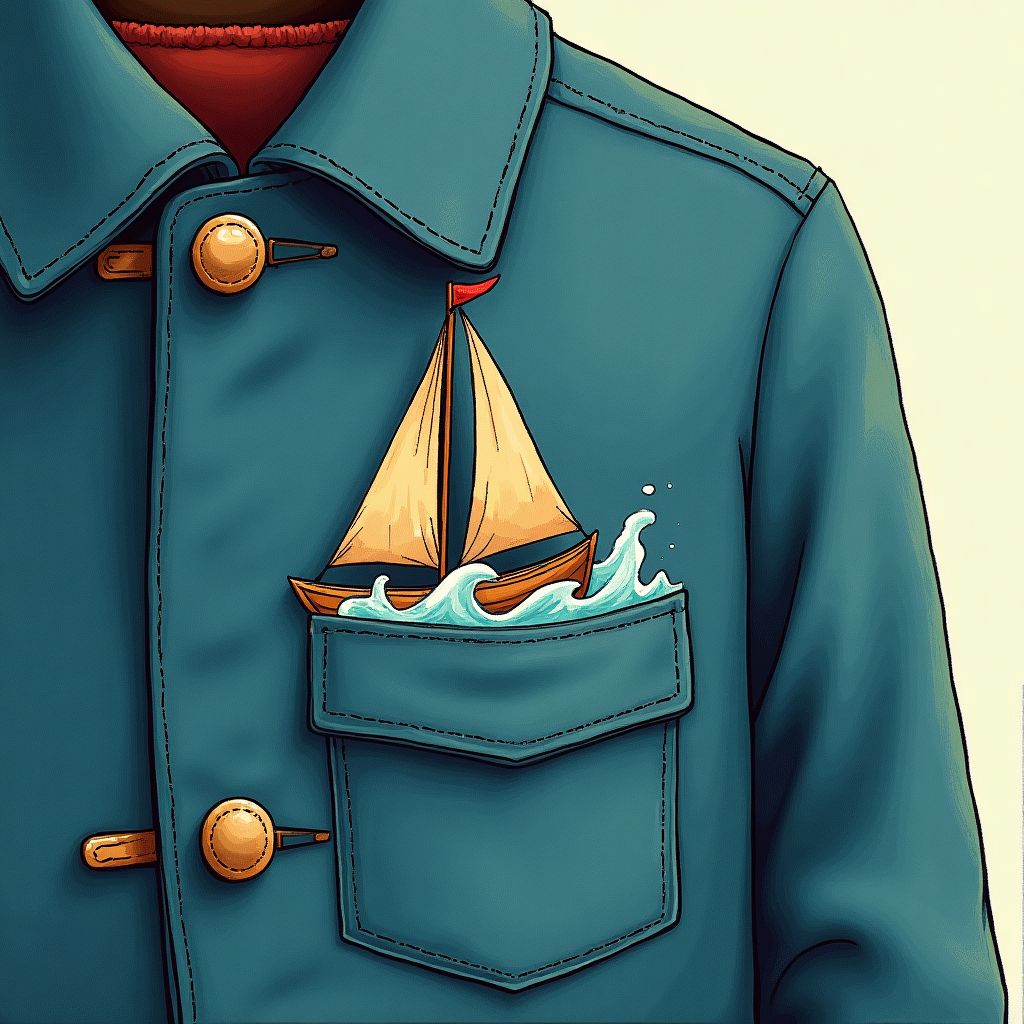 A coat pocket with a tiny ocean and a sailing ship inside, whimsical storybook illustration, imaginative