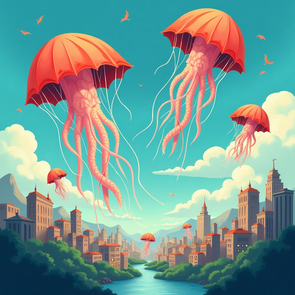 Jellyfish floating over a city like open umbrellas, whimsical storybook illustration, imaginative