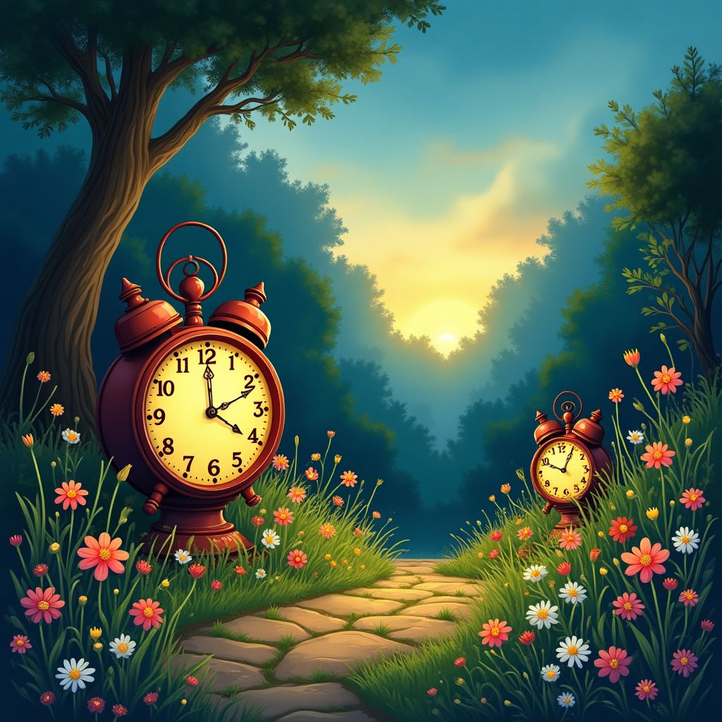 A garden where the flowers are tiny ticking clocks at dusk, whimsical storybook illustration, imaginative