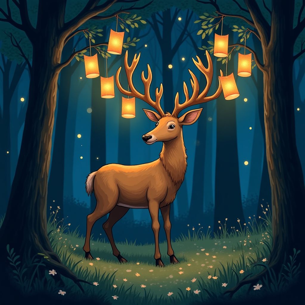 A deer with antlers made of glowing paper lanterns in a night forest, whimsical storybook illustration, imaginative