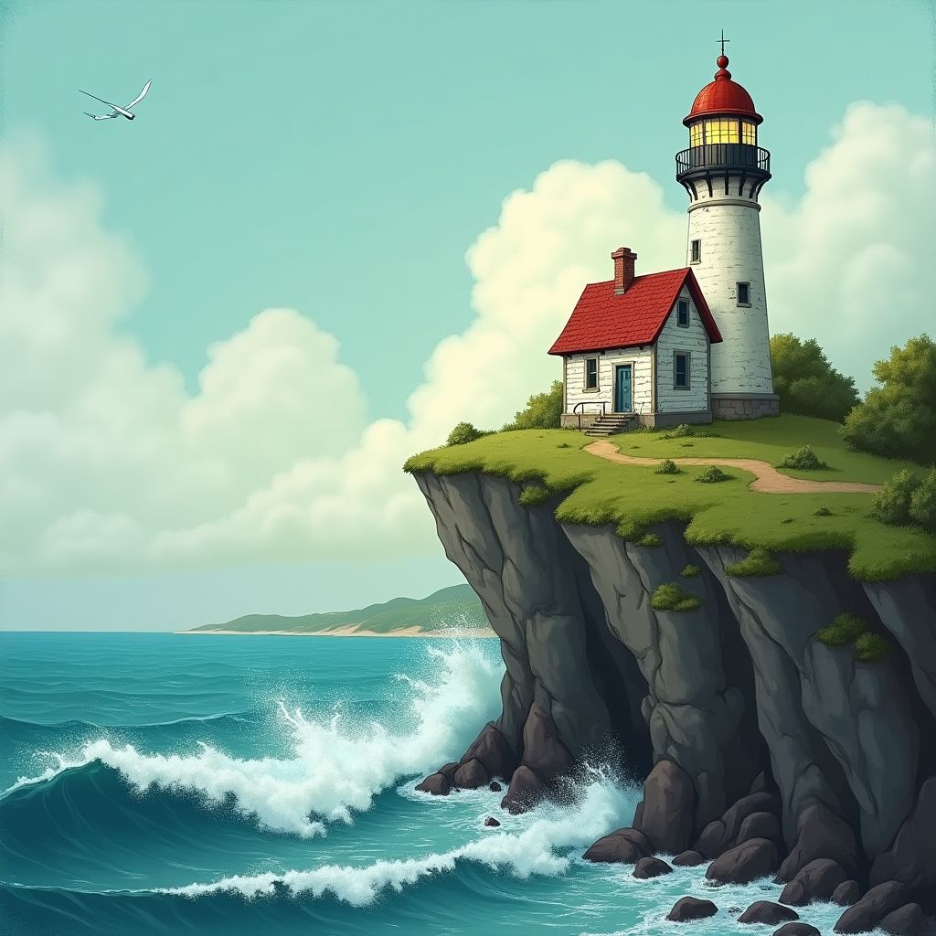 An old lighthouse on a cliff edge, waves breaking below, whimsical storybook illustration, imaginative