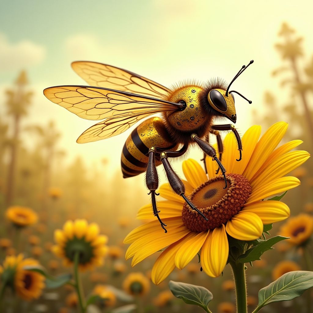 A brass clockwork bee landing on a sunflower, whimsical storybook illustration, imaginative