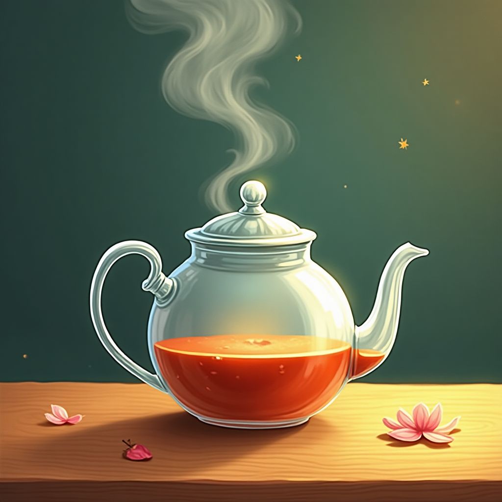 A glass teapot with steam rising, on a wooden table, whimsical storybook illustration, imaginative
