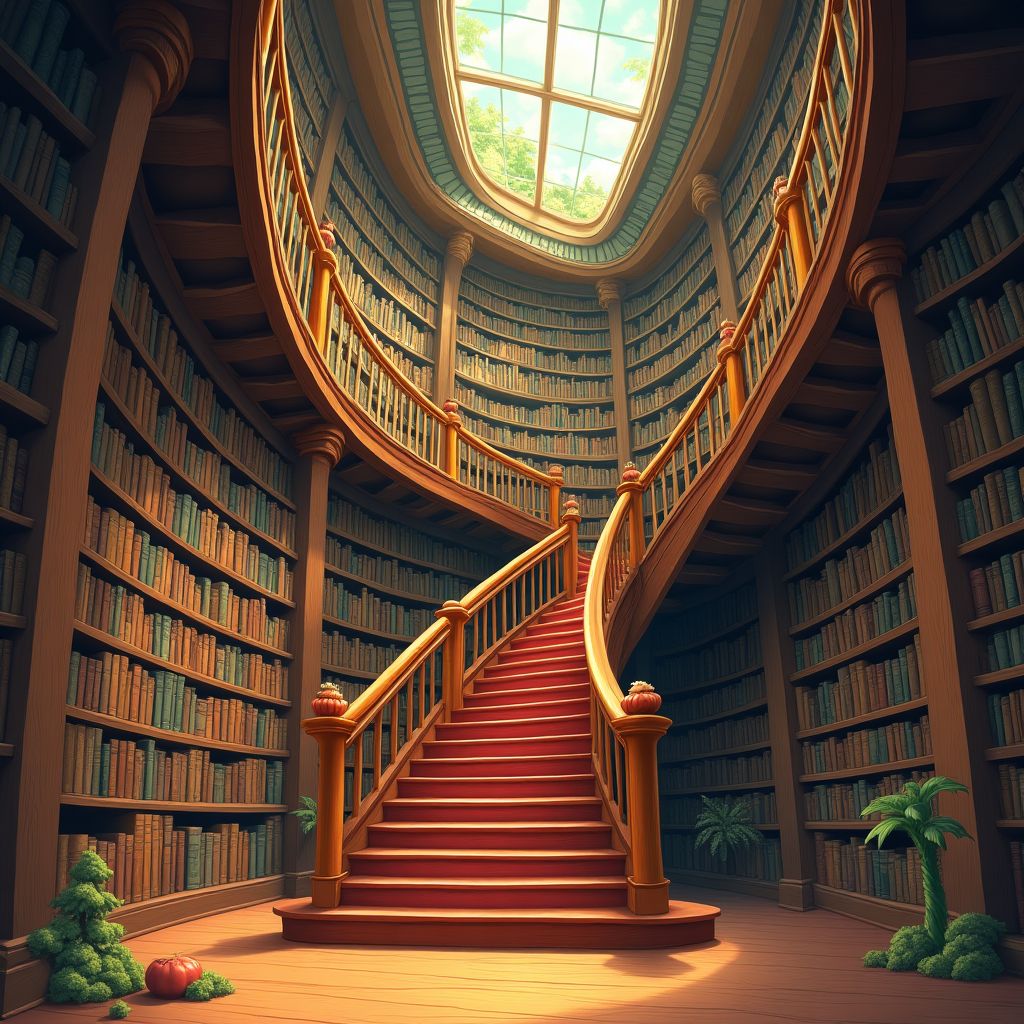 A grand library staircase with tall shelves and a skylight, whimsical storybook illustration, imaginative