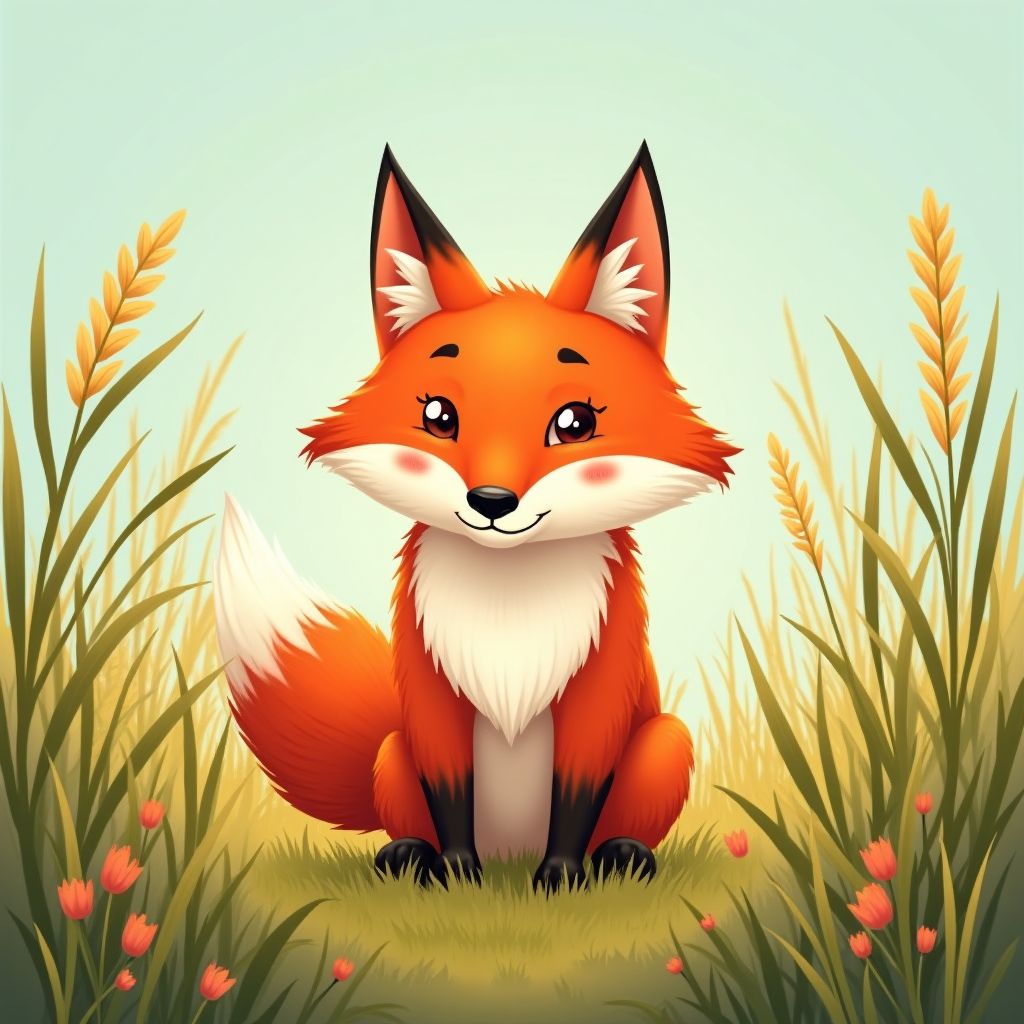 A red fox standing in tall grass, looking at the camera, whimsical storybook illustration, imaginative