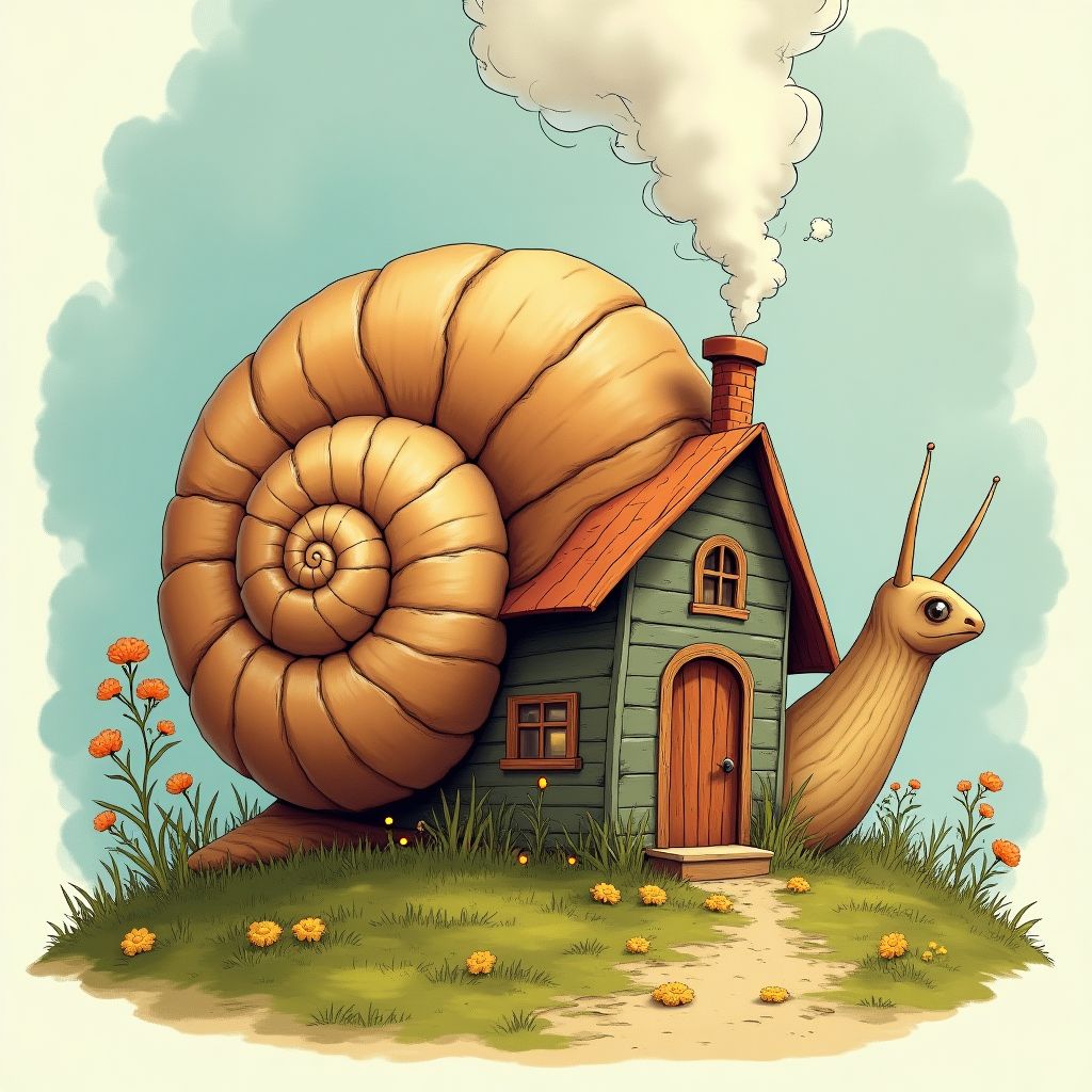 A cottage built inside a giant snail shell, smoke from a tiny chimney, whimsical storybook illustration, imaginative