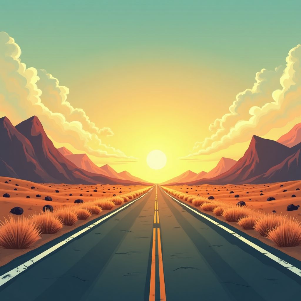 An empty desert highway at dawn, mountains on the horizon, whimsical storybook illustration, imaginative