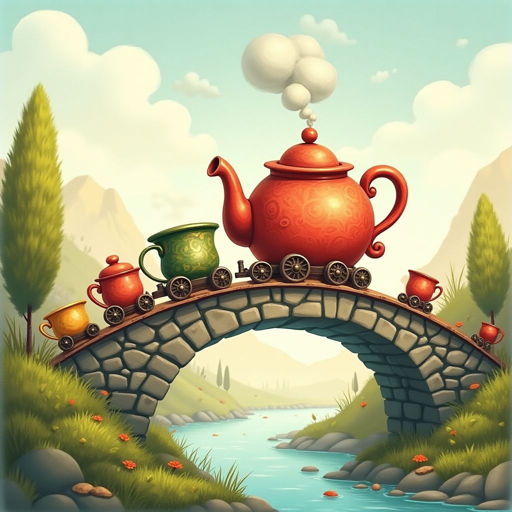A steam train shaped like a teapot crossing a bridge of cups, whimsical storybook illustration, imaginative