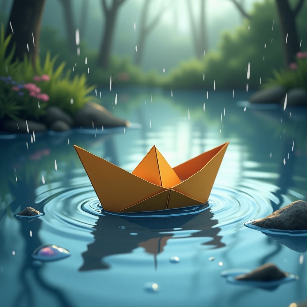 A paper boat floating in a rain puddle, close up, whimsical storybook illustration, imaginative
