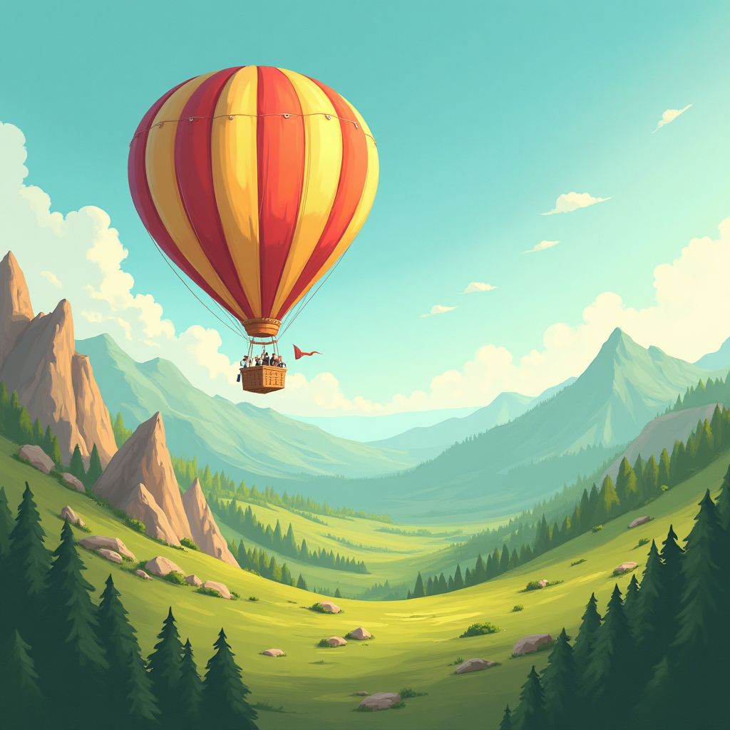 A hot-air balloon drifting over a mountain valley, whimsical storybook illustration, imaginative